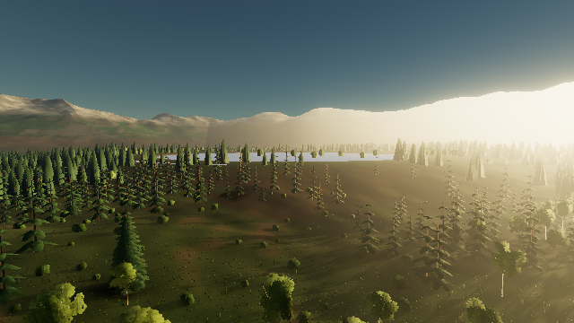 Probe GI and volumetric light at dusk over a streamed valley